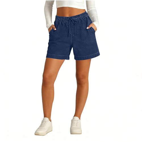 LRMQS Jean Shorts Womens Stretchy High Waisted Lightweight Summer Casual Loose Pull on Trendy Drawstring Denim Shorts