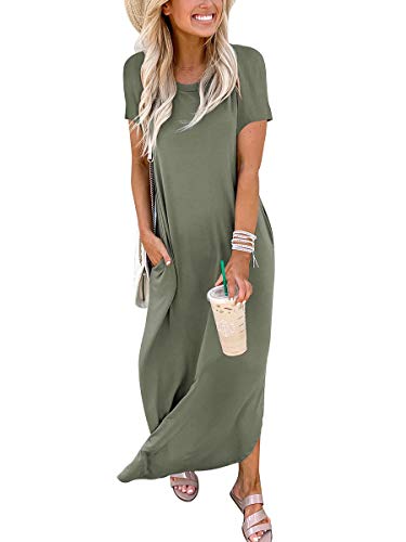 ANRABESS Womens Summer Maxi Dress Short Sleeve Casual Loose Long T Shirt Dresses Split Vacation Beach Sundress Travel Outfits Olive Small