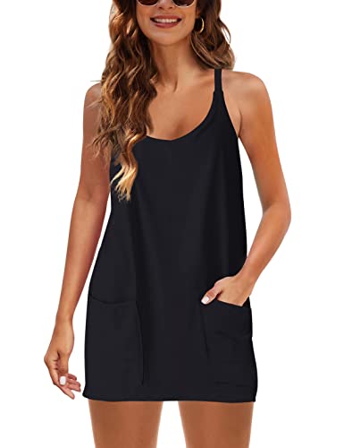 Zhiyouni Women's Summer Sleeveless Mini Dress V Neck Spaghetti Straps Athletic Built-in Shorts Sundress(Black-XS)