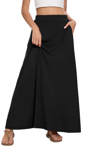 Leafsay Womens Maxi A-line Long Summer Skirt Elastic High Waist Flowy Skirt with Pockets(Black,XL)
