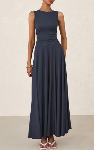 PRETTYGARDEN Womens Spring Dresses 2026 Casual Sleeveless Crewneck Aline Maxi Dress Stretch Tank Flowy Long Dresses (Navy, Small)