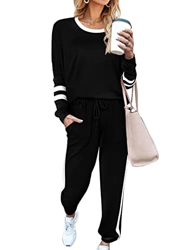 Aloodor Workout Sets for Women 2 Piece Outfits Casual Loose Fitting Tops Winter Clothing for women Fashion Trendy 2025 Black XL