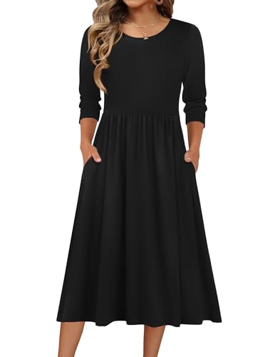 Zeago Black Casual Dress for Women Solid Half Sleeve Swing Party Dress Aline Loose Tshrit Midi Sundress with Pockets Vocation Beach Clothes,L