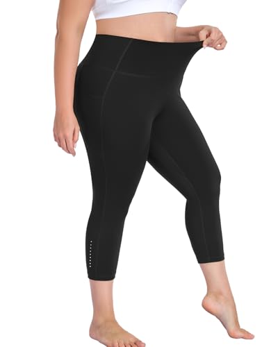Plus Size Capri Leggings for Women with Pockets, Black Workout Capris Tummy Control, Stretch Yoga Pants High Waisted, Thick Gym Compression Activewear, Athletic Exercise Cropped Petite Leggings 3XL