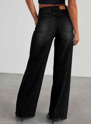 Sidefeel Women's High Waisted Jeans Stretchy Raw Hem Straight Leg Denim Pants Size 12 Black