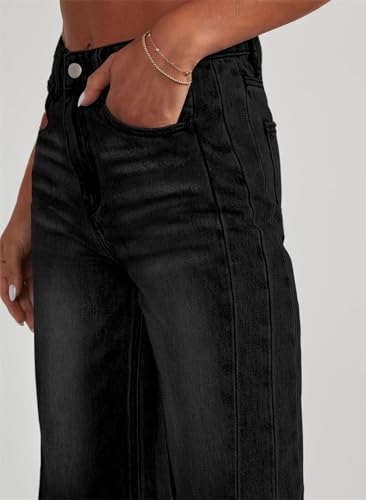 Sidefeel Women's High Waisted Jeans Stretchy Raw Hem Straight Leg Denim Pants Size 12 Black