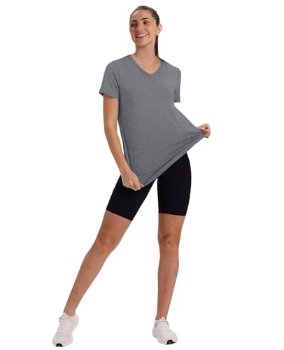 Summer Tops for Women 2026 Short Sleeve Workout Clothes Athletic Shirts Pilates Outfits Camisetas Deportivas para Mujer V Neck Grey L