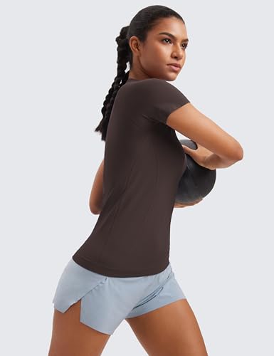 CRZ YOGA Seamless Workout Tops for Women Hip Length - Athletic Running Gym Yoga Short Sleeve Shirts Breathable Crewneck Tees Hot Fudge Brown X-Large