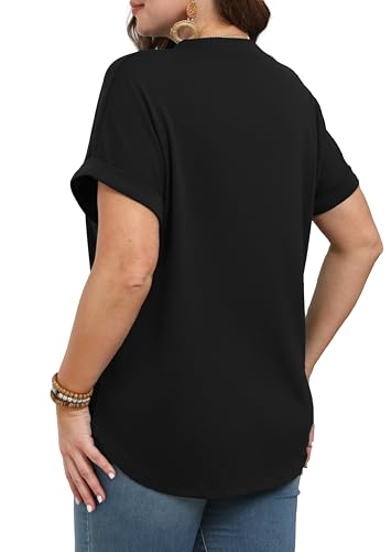 OLRIK Women Plus Size Summer Tops Trendy Button Down V Neck Loose Fit Shirts Short Sleeve Blouses Business Casual Loose Tunics Black-3X