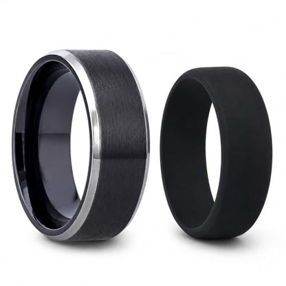 Thorsten Infinity | Tungsten Rings for Men with FREE Silicone Ring | Tungsten | Comfort Fit | Black Wedding Ring Band with Beveled Edges - 4mm to 12mm (13.5, 10, Millimeters)