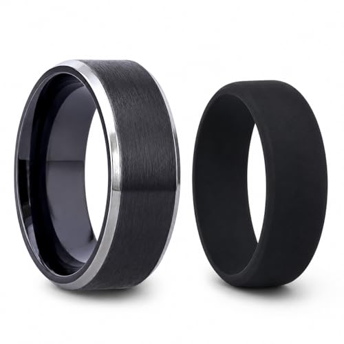 Thorsten Infinity | Tungsten Rings for Men with FREE Silicone Ring | Tungsten | Comfort Fit | Black Wedding Ring Band with Beveled Edges - 4mm to 12mm (13.5, 10, Millimeters)