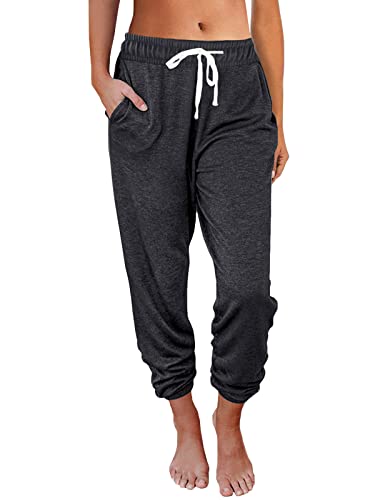 AUTOMET Women‘s High-Waisted Sweatpants with Pockets, Loose Lounge & Pajama Pants for Fall, Winter, Spring Yoga Travel BlackGrey L