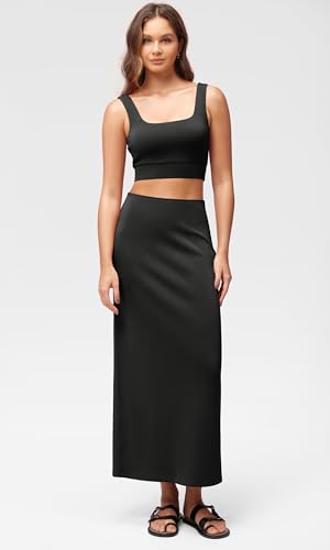 ODODOS Modal Soft Maxi Skirt for Women, Back Slit High Waist Casual Long Pencil Skirts, Black, Medium