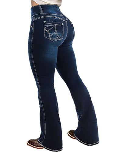 Flamingals Butt Lifting Bootcut Jeans Stretchy Casual Fall Winter Trendy Flare Leg Jeans for Women Cobalt Blue XL
