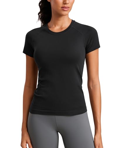 CRZ YOGA Seamless Workout Tops for Women Hip Length - Athletic Running Gym Yoga Short Sleeve Shirts Breathable Crewneck Tees Black Small