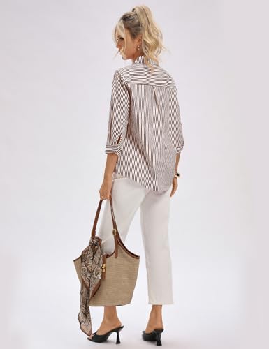 LOMON Womens 2026 Fashion Tops 3/4 Sleeve V Neck Work Blouses Business Casual Spring Summer Outfits Collared Tee Shirt (Brown White Stripe,XL)