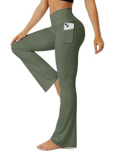 FOHOFO Yoga Pants Women, Flare Leggings for Women with Pockets Crossover High Waisted Bootcut Yoga Pants Army Green