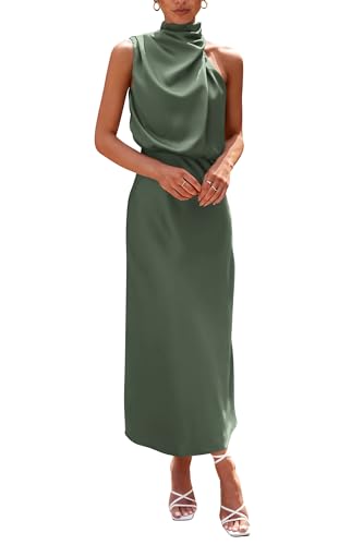 PRETTYGARDEN Women's 2025 Summer Satin Dress Elegant Sleeveless Mock Neck Cocktail Party Maxi Dresses (Army Green,Large)