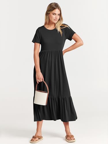 ANRABESS Womens 2026 Summer Casual Maxi Dress A line Tiered Flowy Short Sleeve Crewneck T Shirt Beach Travel Long Dresses Black X-Large
