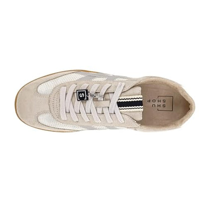 SHUSHOP Womens Sasha Metallic Lace Up Sneakers Shoes Casual - Beige, Silver - Size 7 M