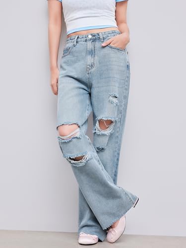 CIDER Women’s Ripped Jeans High Waisted Distressed Baggy Straight Wide Leg Pants: Denim, M