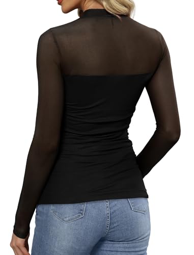 WIHOLL Sheer Long Sleeve Lace Tops for Women Sexy Mock Turtleneck Winter Clothing Mesh Work Shirts Dressy Casual School Summer Vacation Outfits for Teachers Beach Vacation Clothes Black M