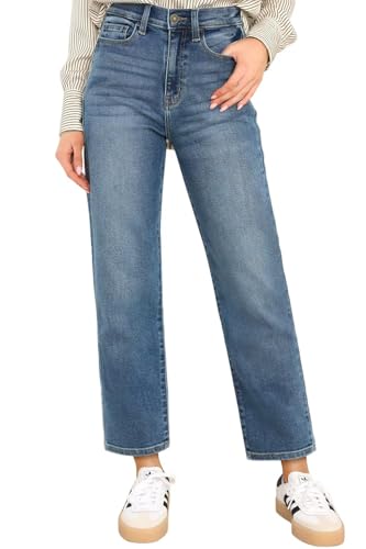 KDF Cropped Straight Leg Jeans for Women - High Waisted Jeans for Women 7/8 Length Medium Blue Jeans Denim Pants Size 8