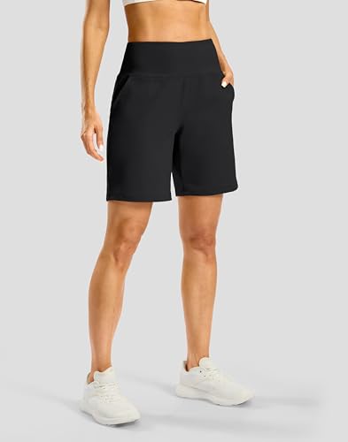 G Gradual Women's Athletic Shorts with Zipper Pocket 7" High Waisted Stretchy Bermuda Shorts for Women Workout Running Casual(Black,L)