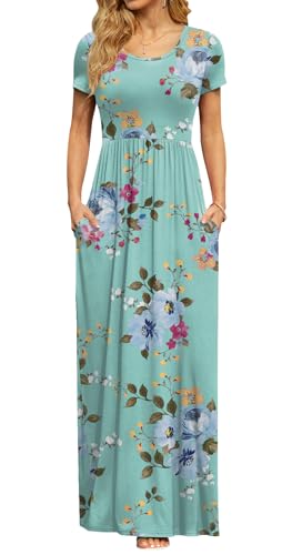DB MOON Womens 2026 Casual Summer Maxi Dresses Short Sleeve Empire Waist Spring Long Dress with Pockets(Mint Green Floral, M)