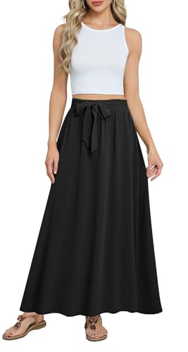 Askyes Womens Black Maxi Skirts Elastic High Waisted Tie Knot Casual Flowy Beach Boho Long Skirts with Pockets,L