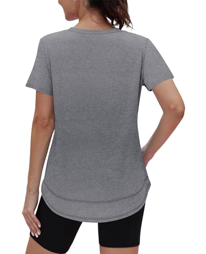 Summer Tops for Women 2026 Short Sleeve Workout Clothes Athletic Shirts Pilates Outfits Camisetas Deportivas para Mujer V Neck Grey L