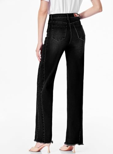 Sidefeel Women's High Waisted Jeans Stretchy Raw Hem Straight Leg Denim Pants Size 12 Black