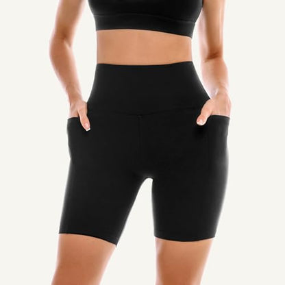 Leafigure 2 Pack Womens Biker Shorts with Pockets, High Waisted Tummy Control Yoga Shorts for Women Running Gym and Workout Black L-XL