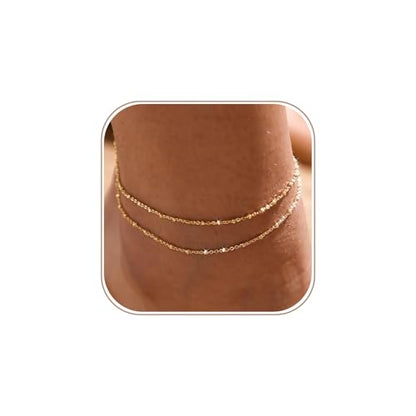 MIDEEO Gold/Silver Ankle Bracelets for Women,14K Gold Anklets for Women Waterproof Cuban Link Heart Beads Herringbone Rhinestone Anklets Set Layered Anklet Bracelets Gold Jewelry Gift