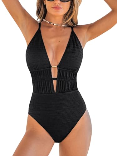 CUPSHE Women's One Piece Swimsuit Plunging Neck Cutouts Bathing Suit Textured Ruched Crisscross Back Self Tie Swimwear, M Black