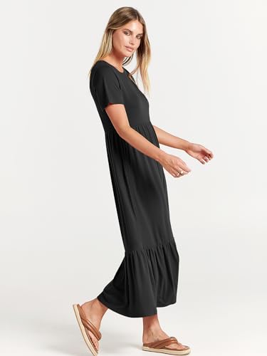 ANRABESS Womens 2026 Summer Casual Maxi Dress A line Tiered Flowy Short Sleeve Crewneck T Shirt Beach Travel Long Dresses Black X-Large