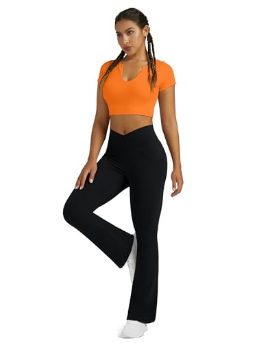 Boerfmian Flare Leggings for Women Yoga Pants with Pockets High Waisted Crossover Flare Leggings Bootcut Casual Yoga Pants Black