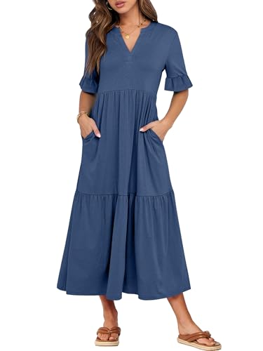 ANRABESS Womens Summer Maxi Dresses Casual Ruffle Short Sleeve V Neck Flowy Tiered 2026 Spring T Shirts Beach Boho Dress Blue Medium