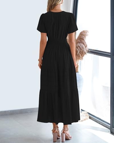 BTFBM Womens Summer 2026 Casual Midi Maxi Dresses Lightweight Short Sleeve V Neck Elastic Waist Boho Beach Dress Pockets