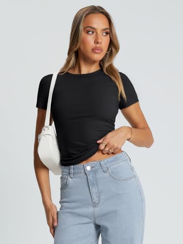 Trendy Queen Womens Basic T Shirts Summer Tops 2026 Crop Short Sleeve Slim Fit Tee Cute Gym Workout Clothes Black M