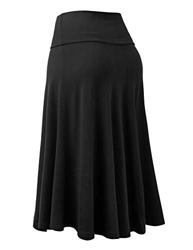 Lock and Love LL WB1105 Womens Lightweight Fold Over Flared Midi Skirt M Black