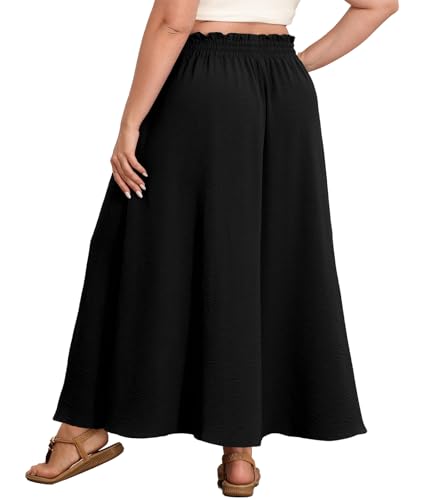 Lastshe Plus Size Maxi Skirts for Women Summer Classic Boho Pleated Elastic High Waist A-line Long Skirt with Pockets,Black,2X