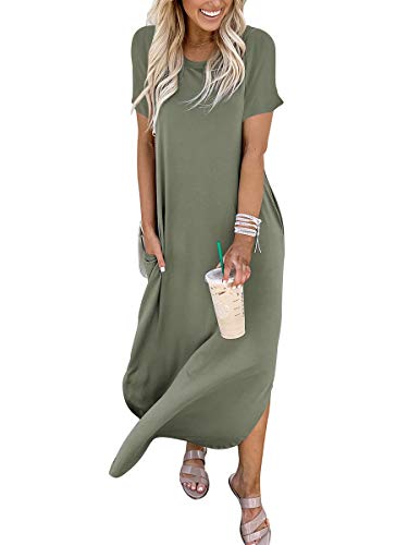 ANRABESS Womens Summer Maxi Dress Short Sleeve Casual Loose Long T Shirt Dresses Split Vacation Beach Sundress Travel Outfits Olive Small