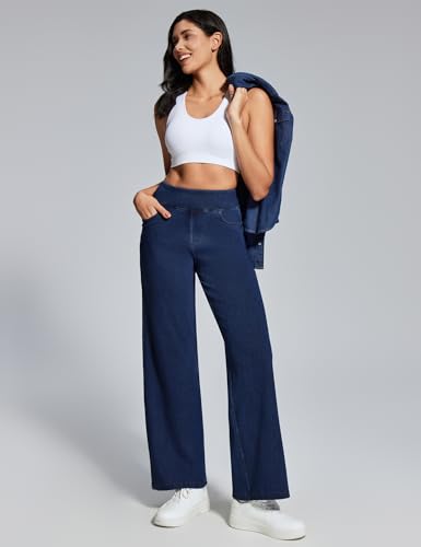 Heathyoga Wide Leg Jeans Woman High Waist Pull On Baggy Jeans for Women Stretchy Jean Pants Straight Leg Denim Pants Petite Dark Blue