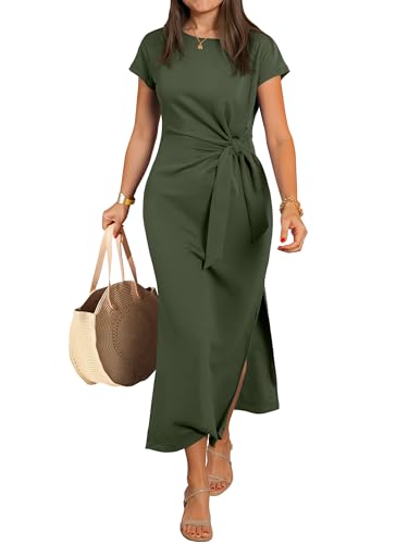ANRABESS Womens Summer Maxi Dress Casual Crew Neck Tie Waist Split Wrinkle-Free Fit Long Fashion Vacation Dresses 2026 Spring Army Green X-Large