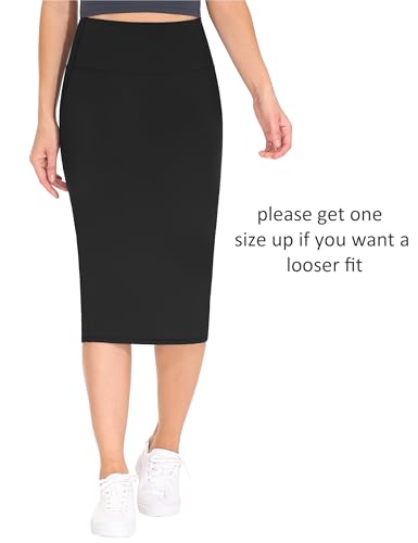 THE GYM PEOPLE Women's High Waist Tummy Control Pencil Skirts Stretchy Bodycon Midi Skirt Below Knee with Back Slit Black