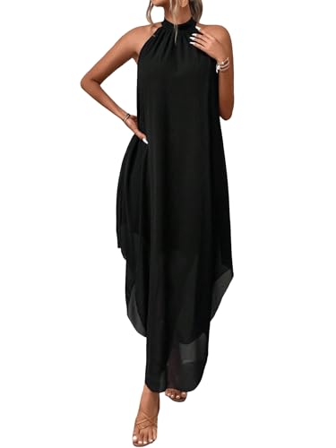 Verdusa Women's Wedding Guest Dress Halter Flowy Chiffon Asymmetrical Long Summer Prom Dress Black Medium