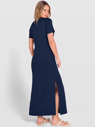 ANRABESS Womens Summer Casual Maxi Dress Short Sleeve Crewneck Split Wrinkle-Free Travel Long Sundress Beach Vacation Clothes Navy Blue Medium