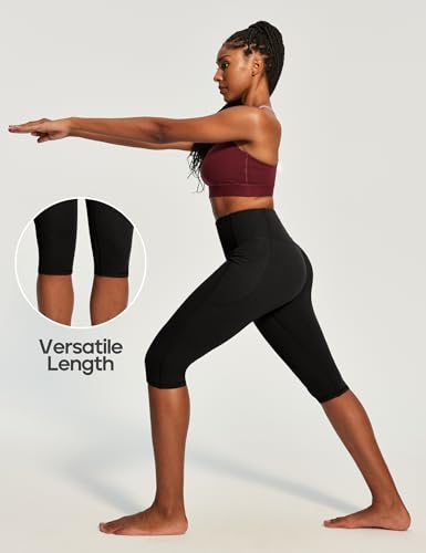 Heathyoga Capri Leggings with Pockets for Women Tummy Control Knee Length Leggings Yoga Pants Women Capri Pants Workout Black