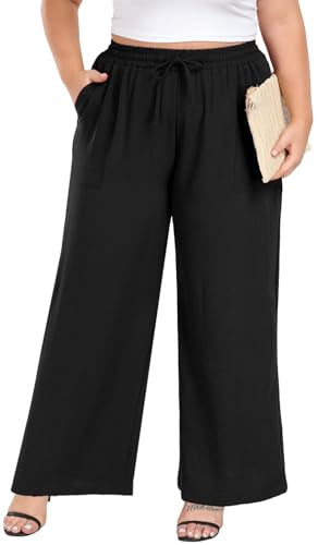 Lastshe Women's Plus Size Pants High Waist Wide Leg Work Casual Palazzo Trousers with Pockets Spring Clothes Fashion Outfits 1X-5X,Black,2X